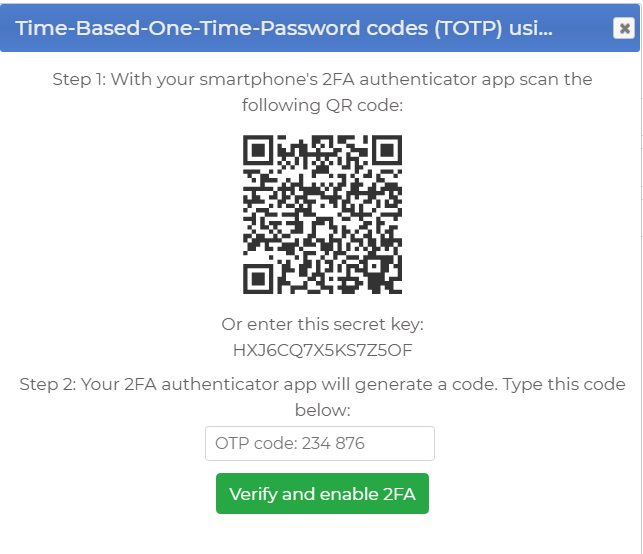 Admin confirms TOTP 2FA authentication